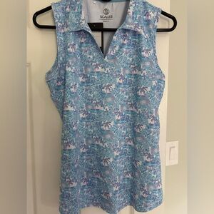 Tropical Print Blue Sleeveless polo